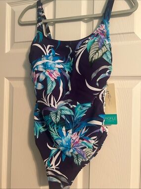 Profile By Gottex Navy One-Piece Swimsuit with Teal and White Floral Print
